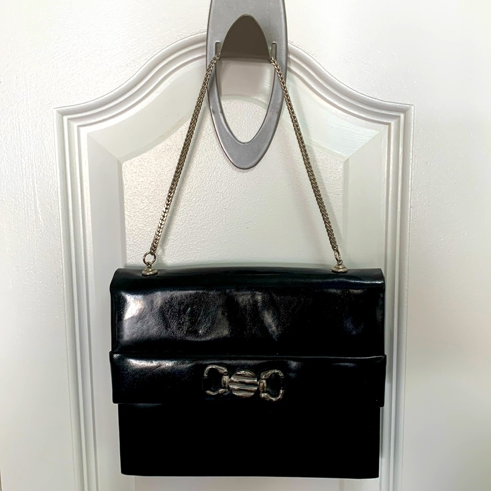 Made In Italy For Holt Renfrew 6” x 7” Elegant Vintage Chain Strap Black Patent